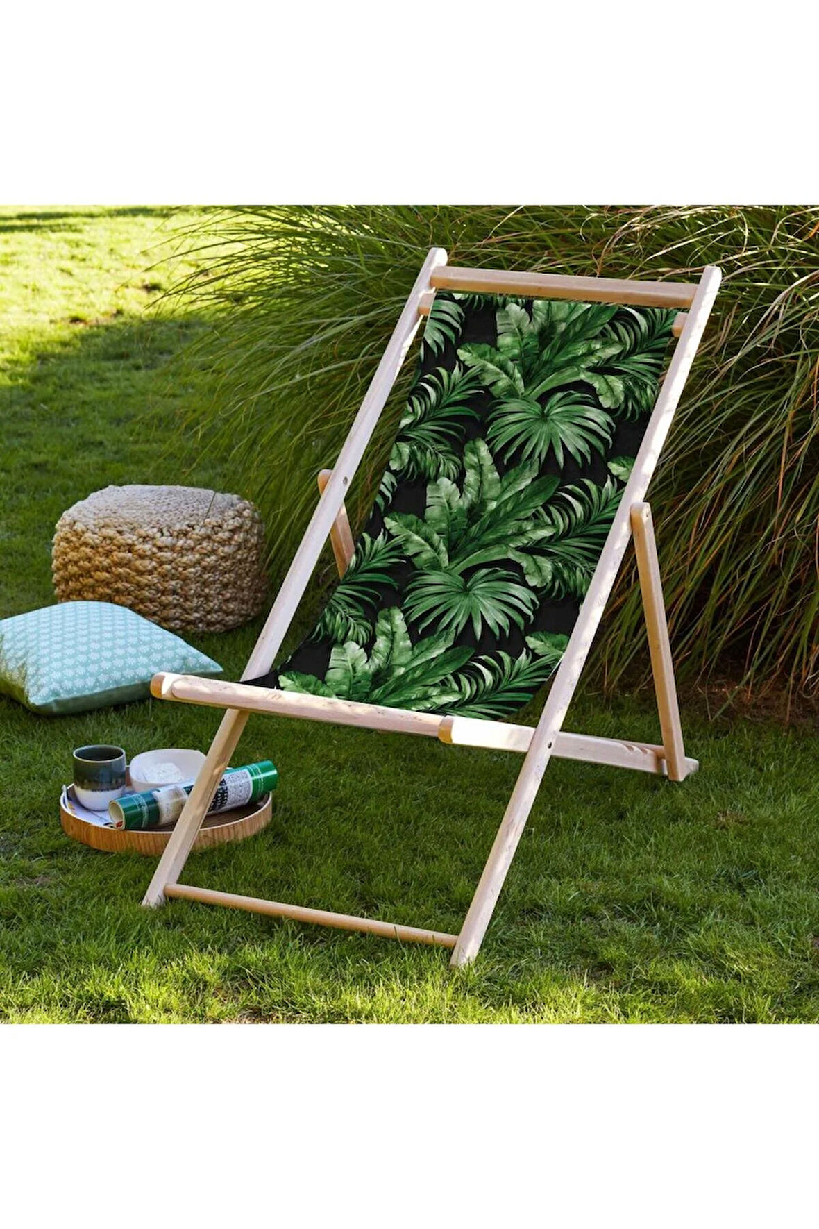 Siyah Palmiye Katlanır Şezlong (Ahşap Fırınlanmış Gürgen Ağacı, Süet Kumaş)