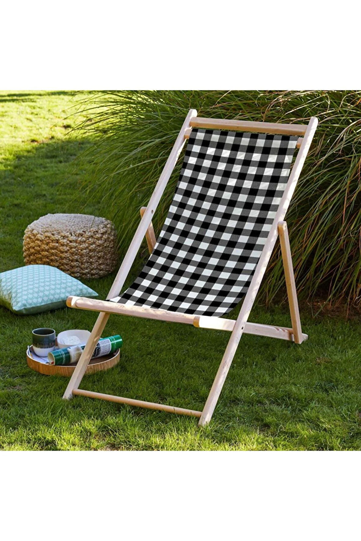 Black - White Katlanır Şezlong (Ahşap Fırınlanmış Gürgen Ağacı, Süet Kumaş)
