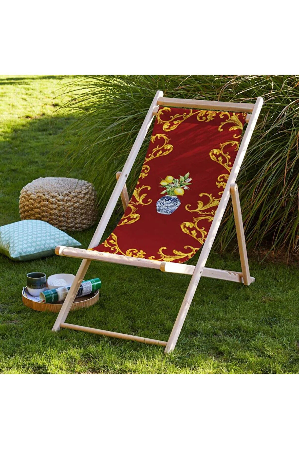 Red Lemon Katlanır Şezlong (Ahşap Fırınlanmış Gürgen Ağacı, Süet Kumaş)