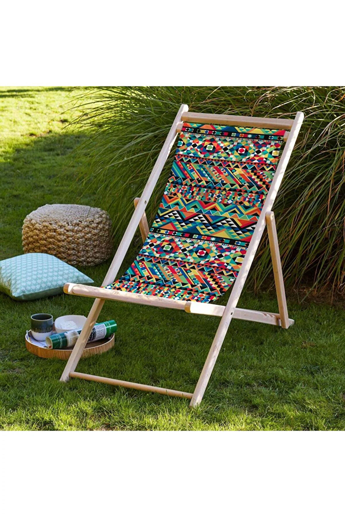 Etnik Desen Katlanır Şezlong (Ahşap Fırınlanmış Gürgen Ağacı, Süet Kumaş)