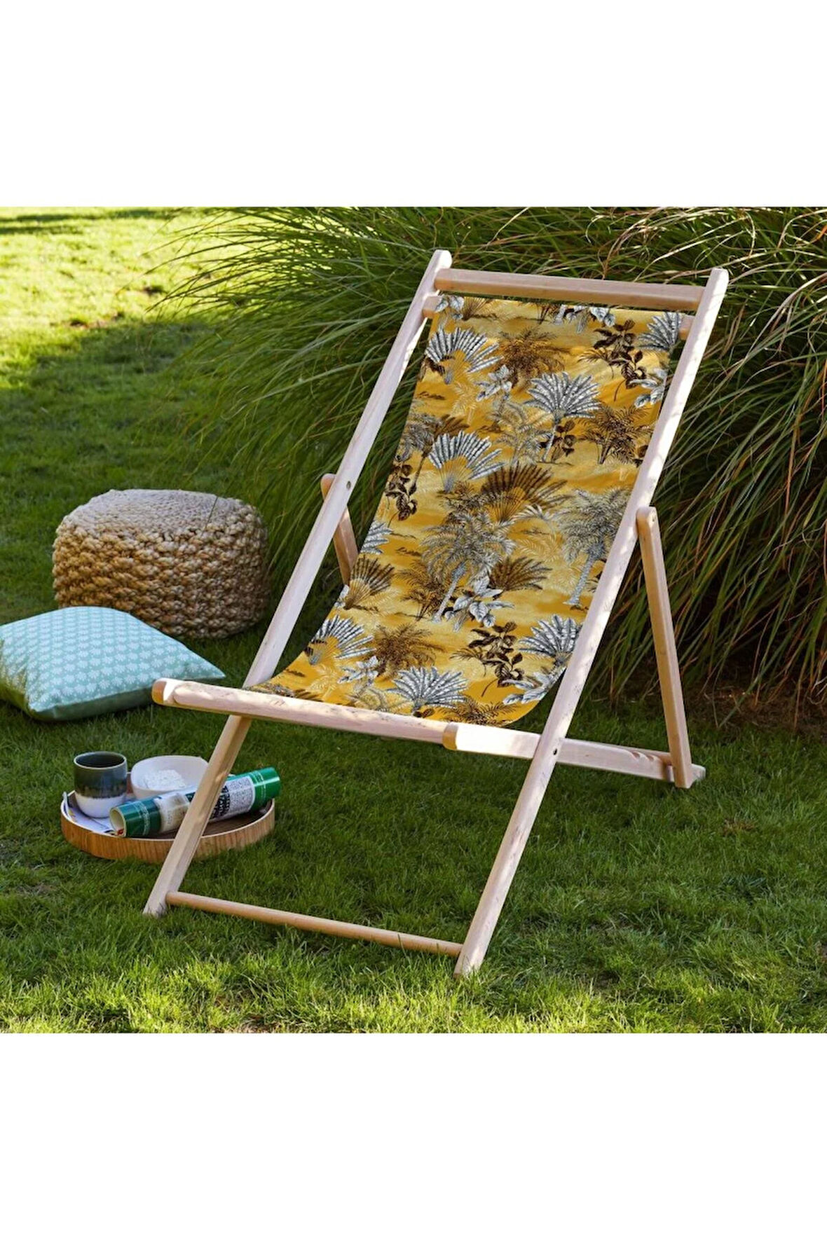 Sarı Tropikal Katlanır Şezlong (Ahşap Fırınlanmış Gürgen Ağacı, Süet Kumaş)