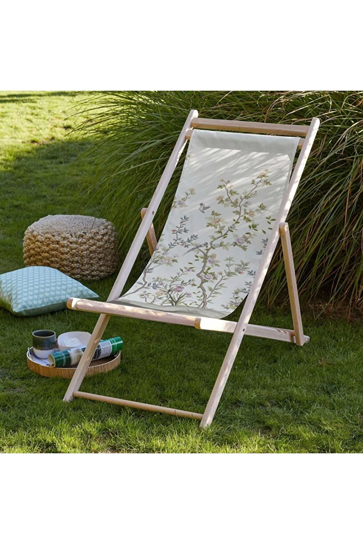 Mini Colorful Flowers Katlanır Şezlong (Ahşap Fırınlanmış Gürgen Ağacı, Süet Kumaş)