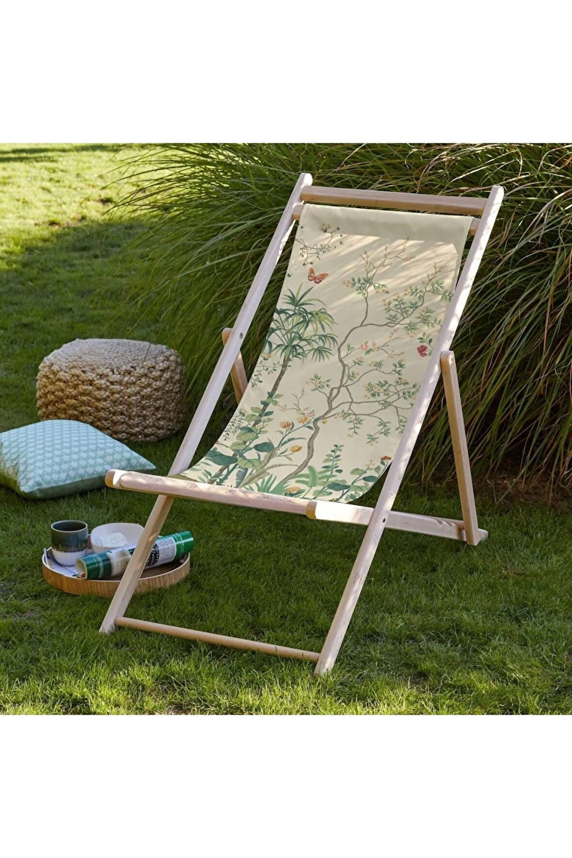 Renkli Çiçek Tasarımlı Katlanır Şezlong (Ahşap Fırınlanmış Gürgen Ağacı, Süet Kumaş)