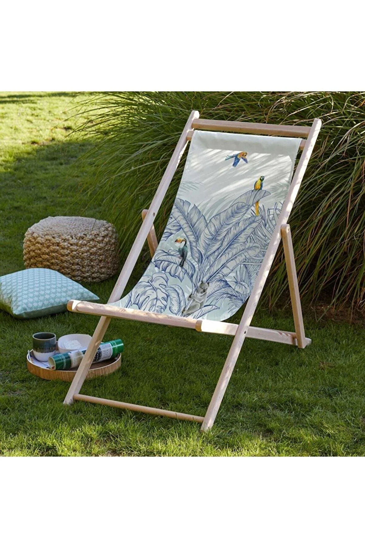 Renkli Kuş Detaylı Katlanır Şezlong (Ahşap Fırınlanmış Gürgen Ağacı, Süet Kumaş)