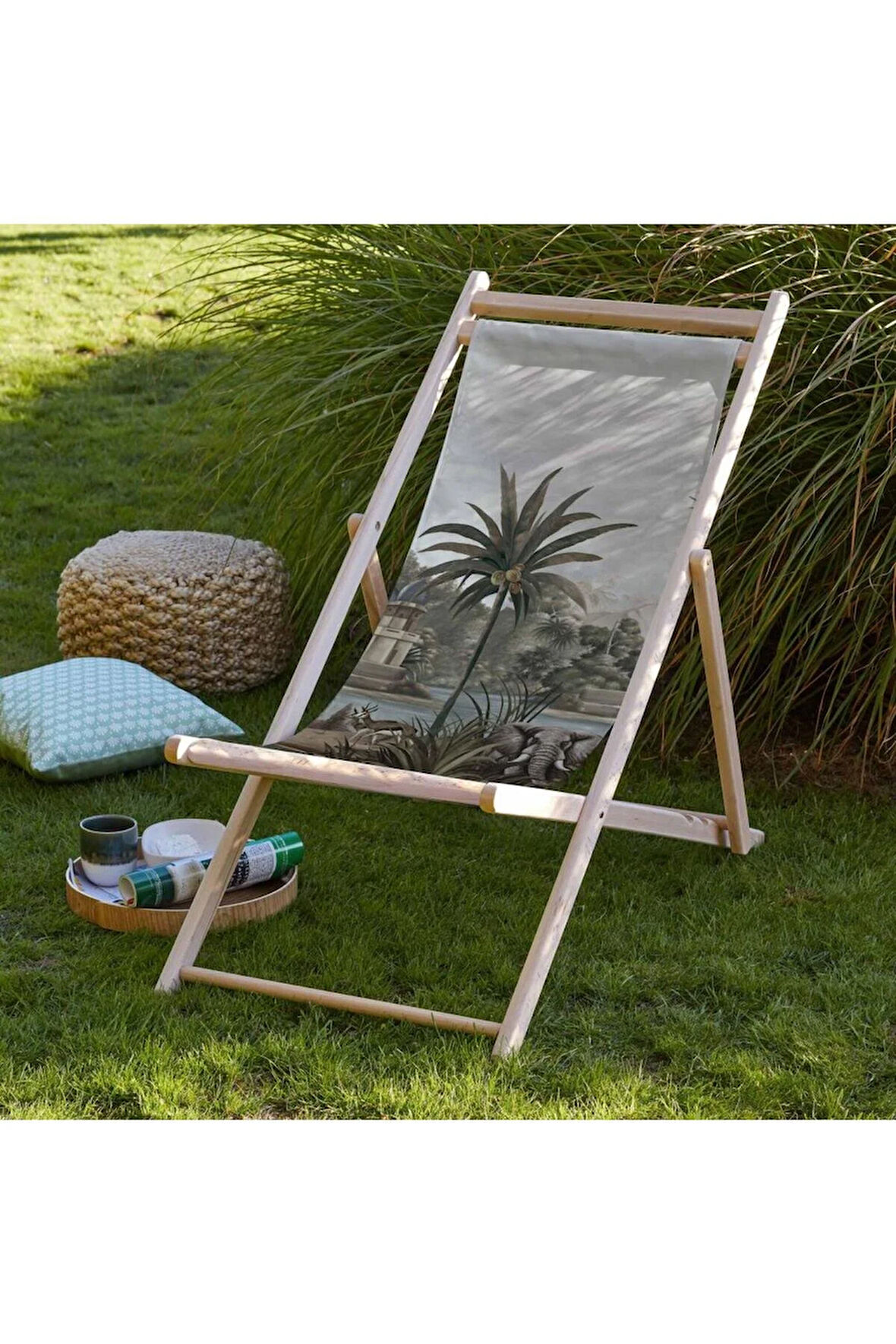 Renkli Manzara Tasarımlı Katlanır Şezlong (Ahşap Fırınlanmış Gürgen Ağacı, Süet Kumaş)