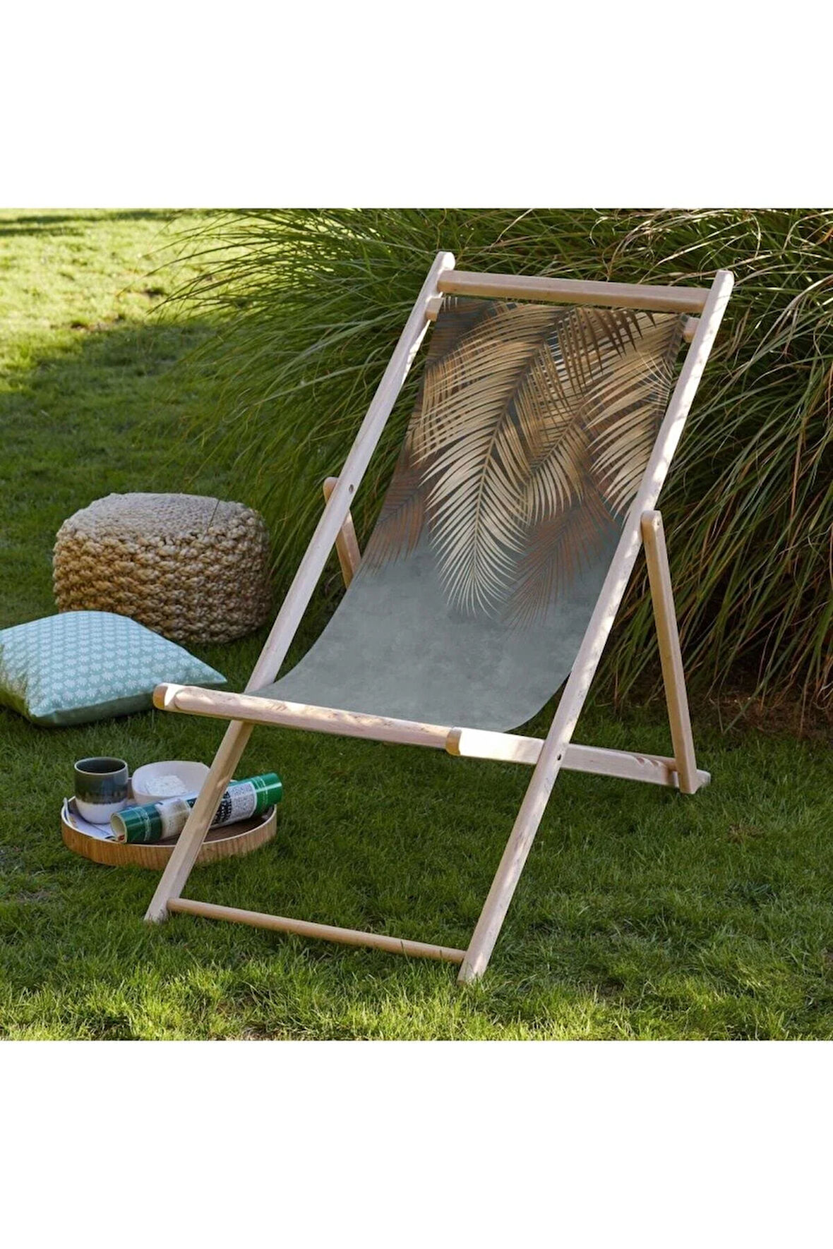 Yeşil Palmiye Yaprak Detaylı Şezlong Fırınlanmış Gürgen Ağacı Süet Kumaş