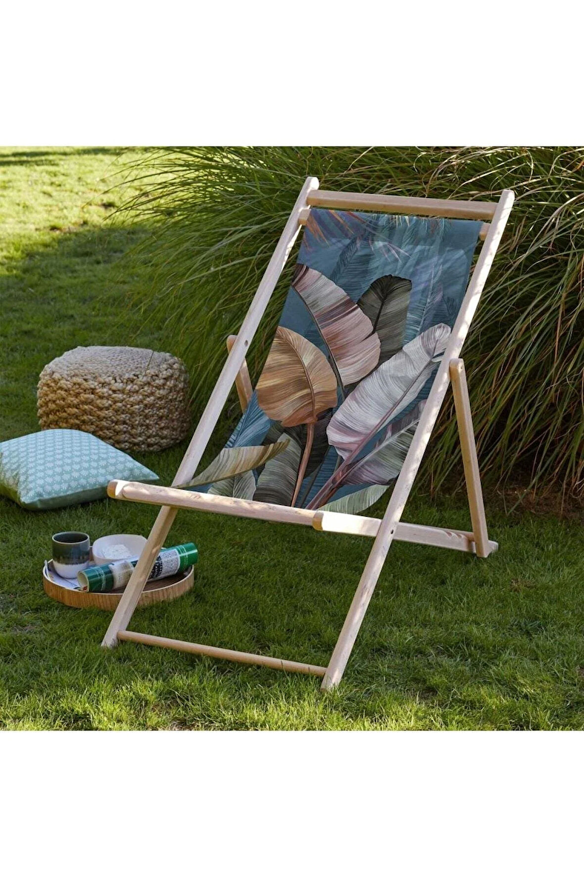 Tropikal Yaprak Tasarımlı Katlanır Şezlong (Ahşap Fırınlanmış Gürgen Ağacı, Süet Kumaş)