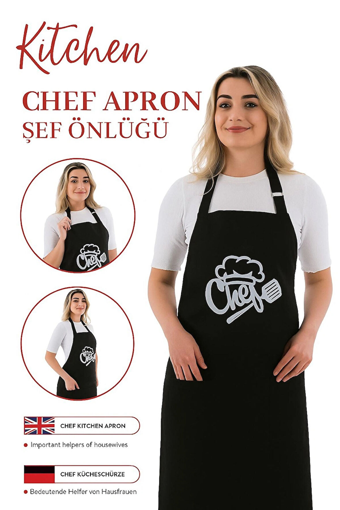 Mutfak Önlüğü Sevilya Simple Ayar Askılı Chef Baskılı Mutfak Önlüğü Şef Önlüğü