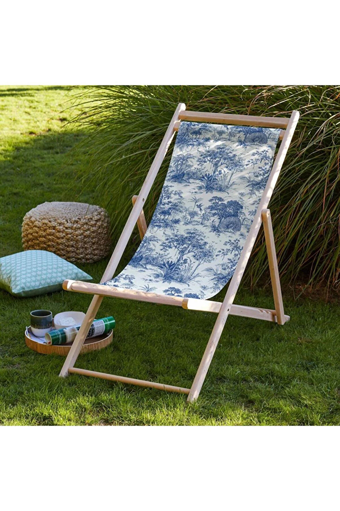 Mavi Bahçe Katlanır Şezlong (Ahşap Fırınlanmış Gürgen Ağacı, Süet Kumaş)
