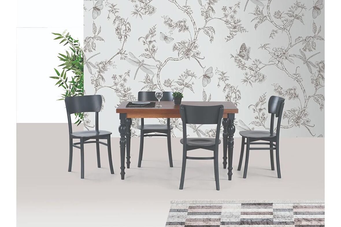 DAMLA SABİT MASA VE KAPALI KELEBEK SANDALYE TAKIMI, ANTRASİT, 125x80