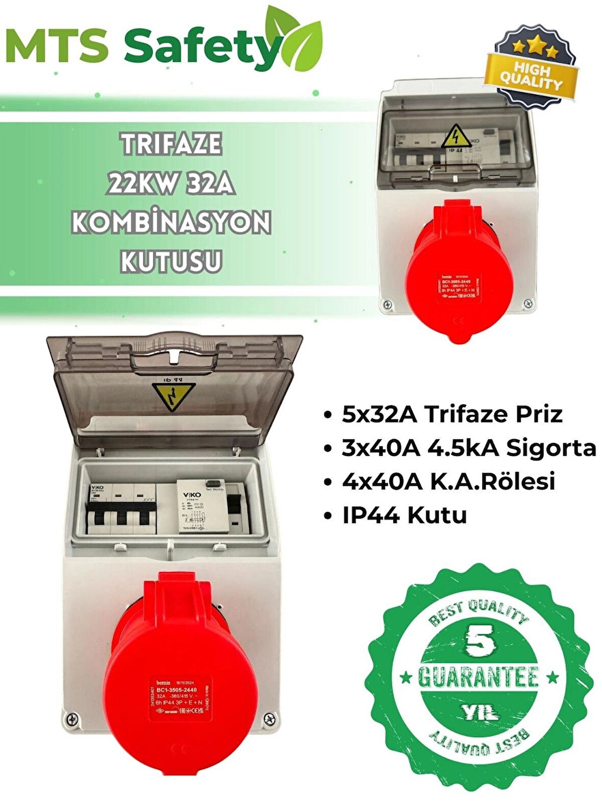 22 Kw VIKO Trifaze 5*32 Kaçak Akım Roleli Taşınabilir Elektrikli Araç Şarj Cihazı Kombinasyon Kutusu