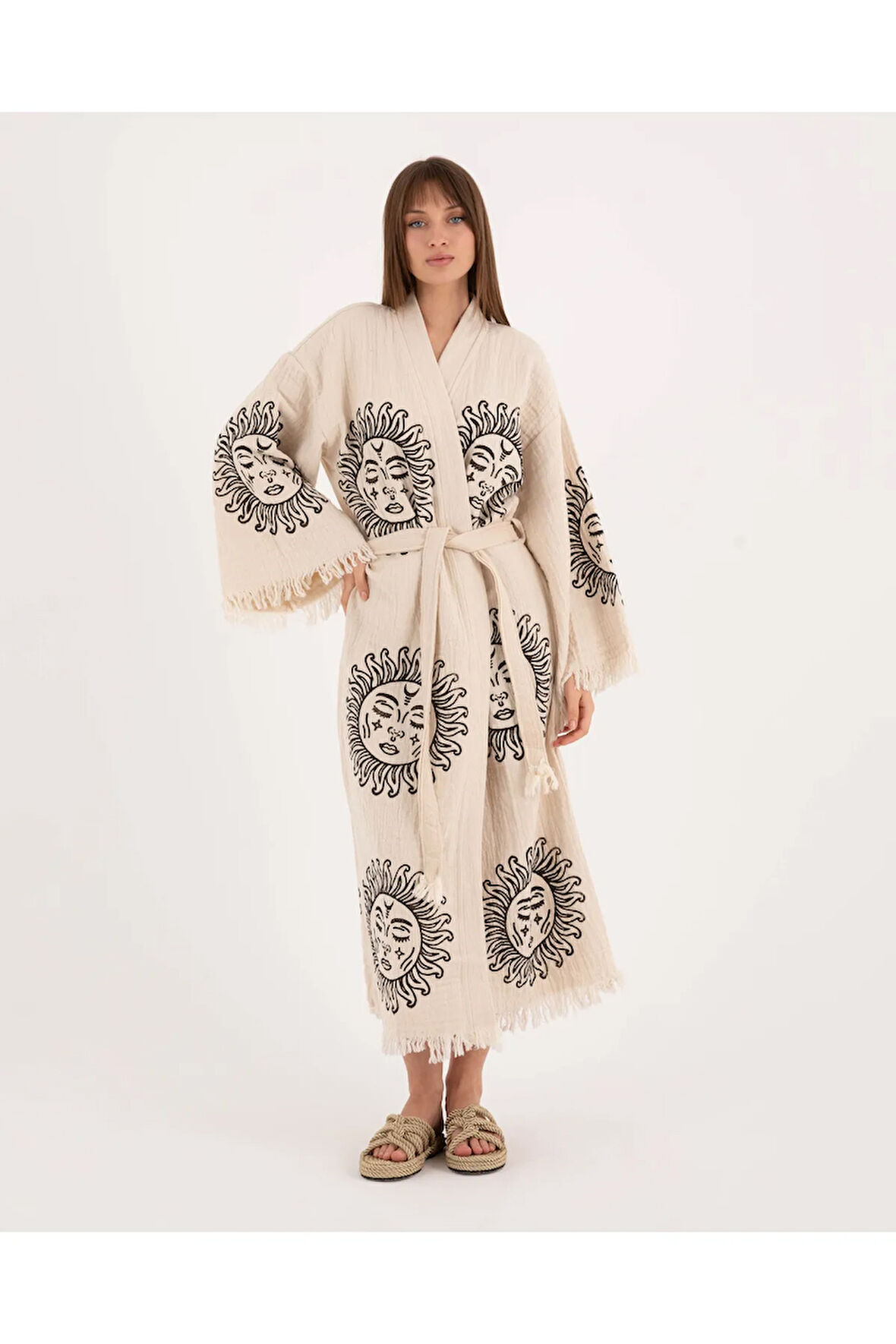 Müslin Kimono %100 Pamuklu Güneş Baskılı Desenli Bornoz Kaftan Sabahlık
