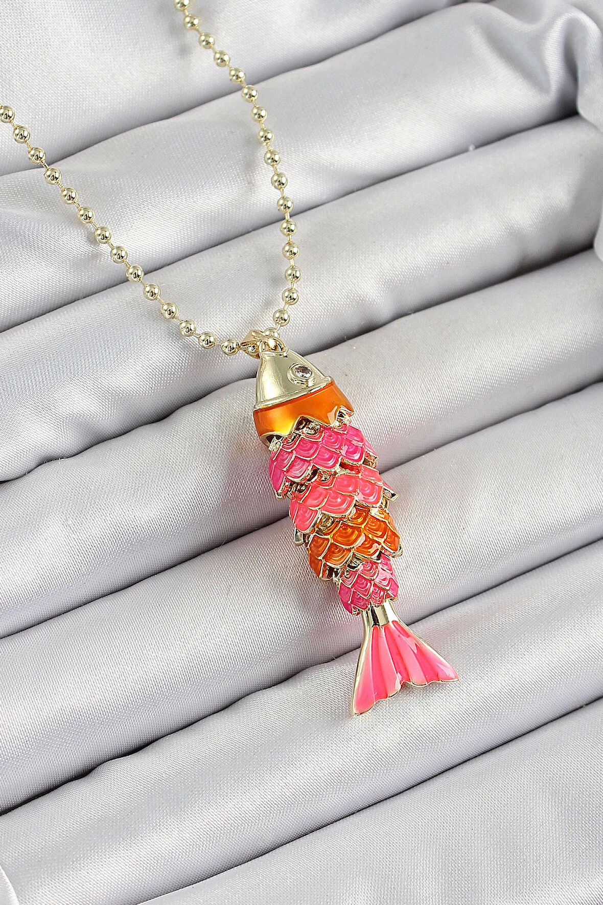 MuI MuI Pirinç Pembe Ve Turuncu Balık Model Zirkon Taşlı Gold Renk Kadın Kolye