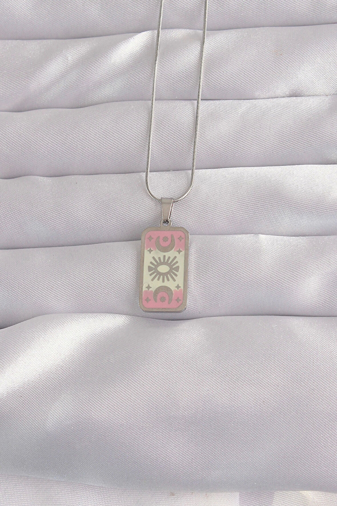 MuI MuI 316L Çelik Gümüş Renk Pembe Mineli Ay Figür Tarot Kolye