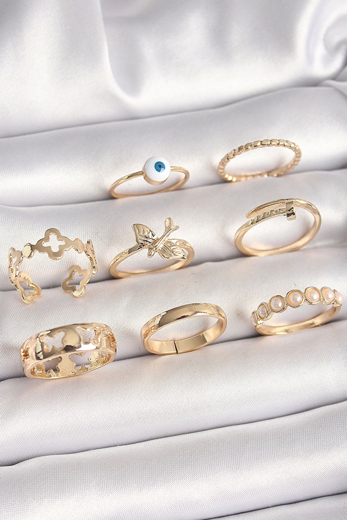 MuI MuI Pirinç Gold Renk Nazar Boncuk Model Kuş Detay Kadın Yüzük Kombini