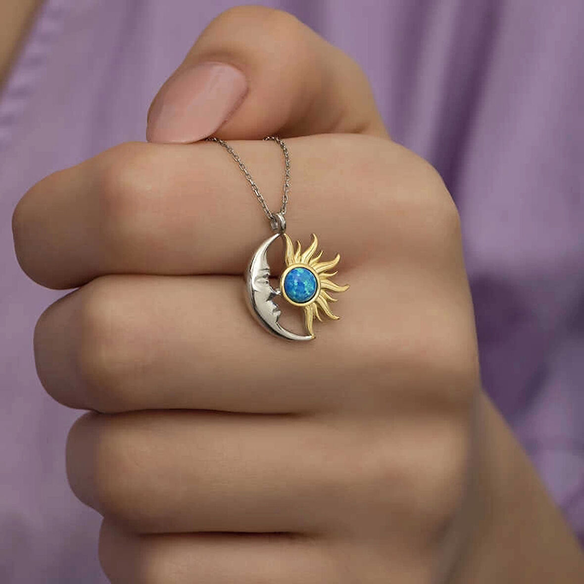 MuI MuI Gümüş Opal Mavi Taşlı Ay Güneş Kadın Kolye