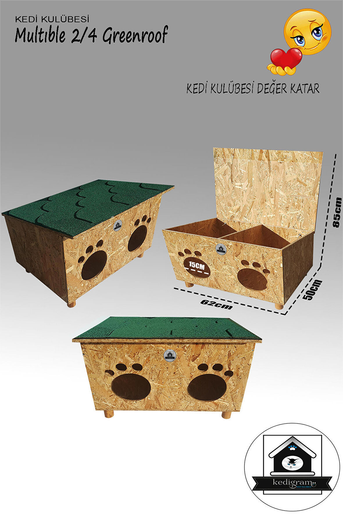 Kedigram Kedi Kulübesi Su Geçirmez Tek Katlı Açılır Kapaklı Kedi Evi Açık Kahverengi - Yeşil 