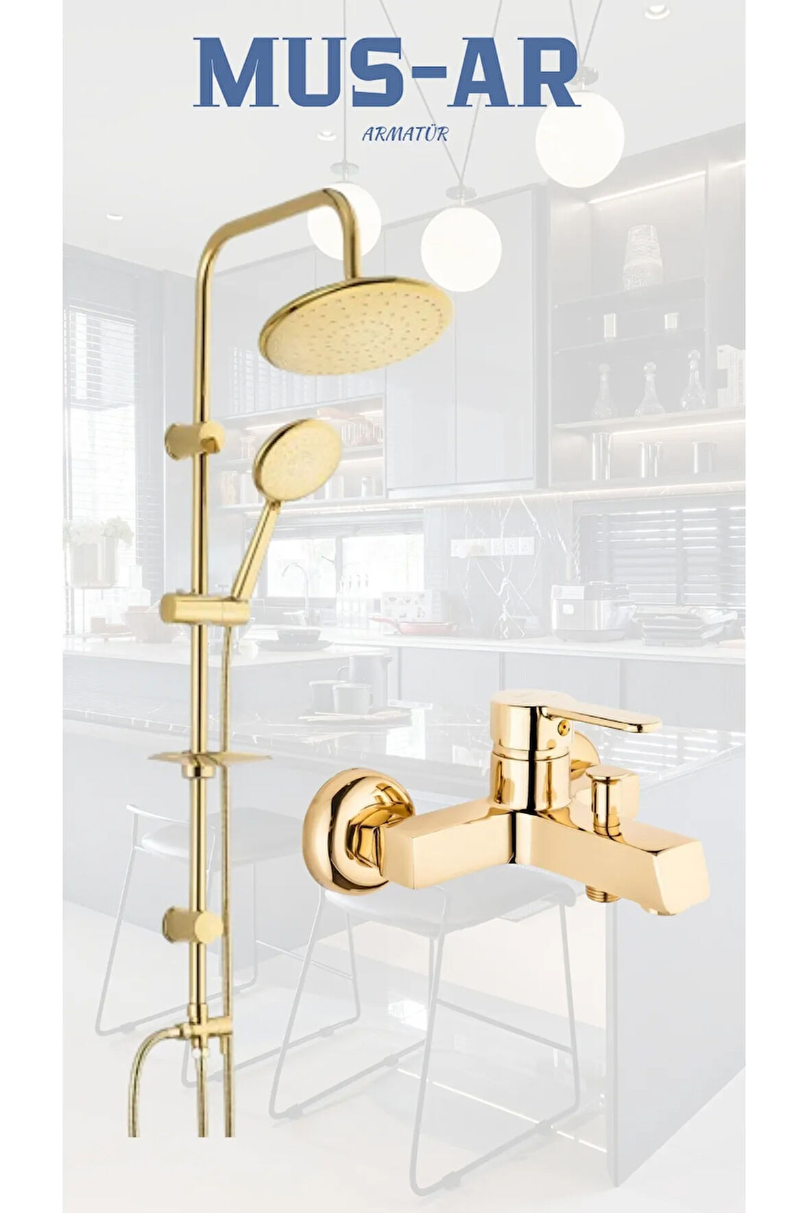 Gold Yuvarlak Duş Robotu - Kare Banyo Bataryası 2'li Set