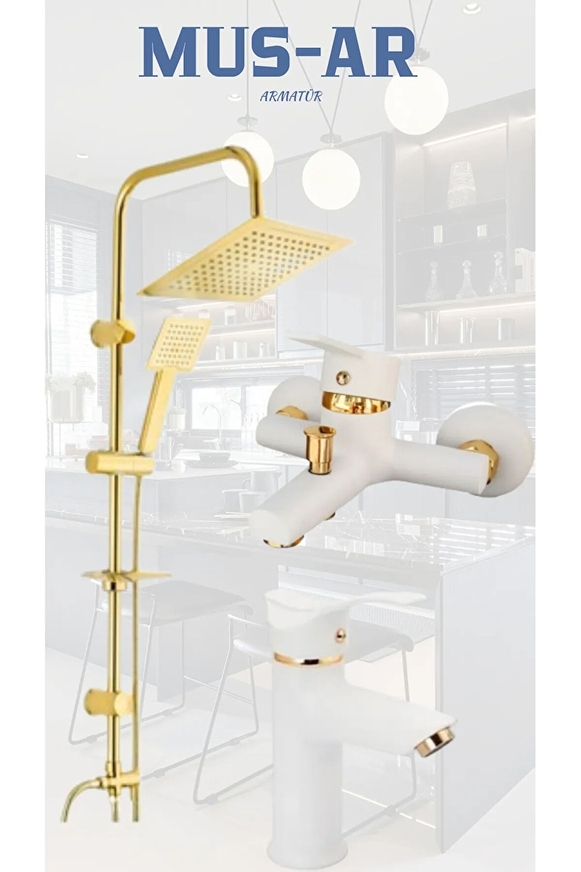 Gold Altın Kare Robot Duş Seti Beyaz Gold Kartal Lavabo Ve Banyo Bataryası Musluğu 3 Lü Set