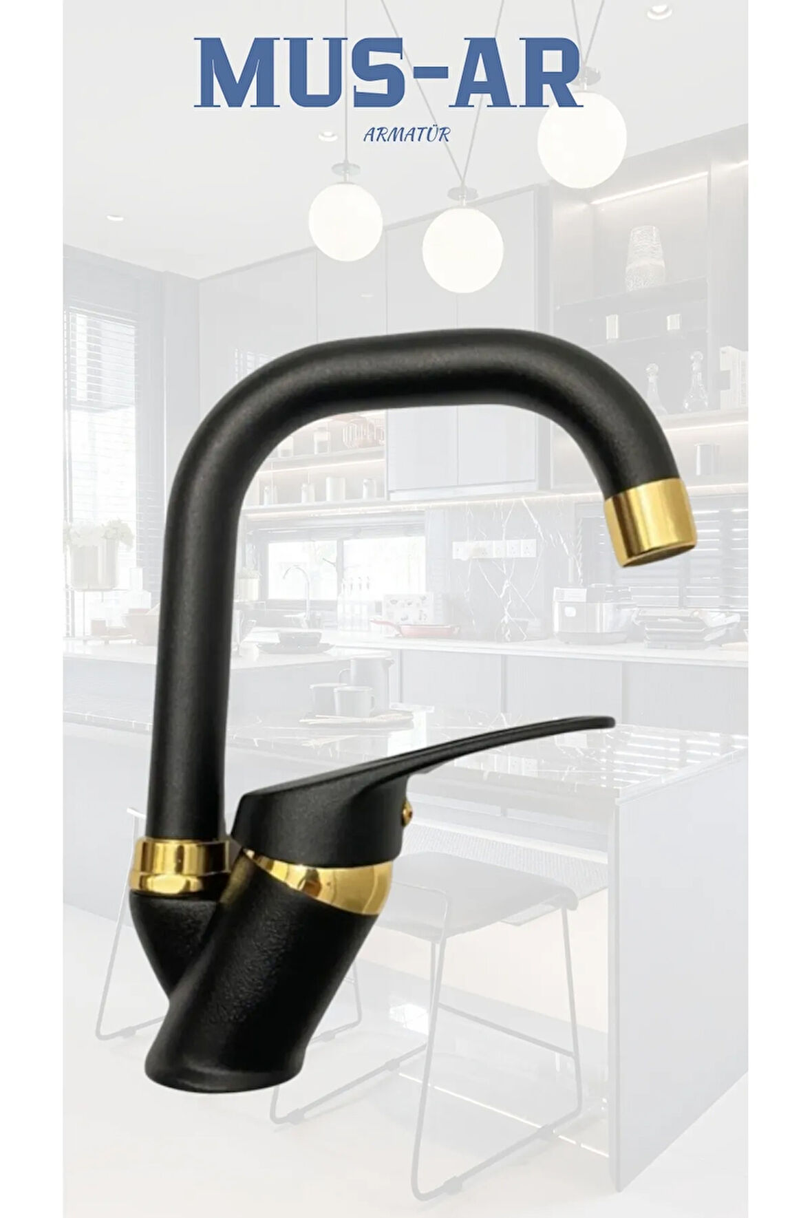 Siyah Gold Detay Köşe Borulu Banyo Lavabo Musluğu Çeşmesi Bataryası Çift Su Girişli