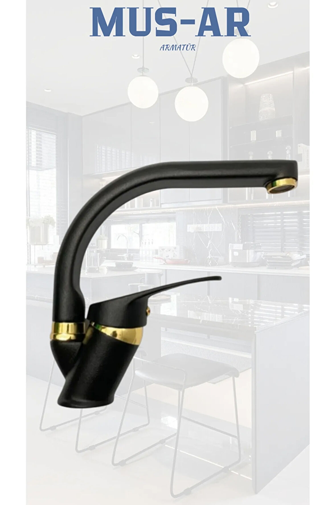 Siyah Gold Detay Banyo Lavabo Bataryası Çeşmesi Musluğu Çift Su Girişli Garantili