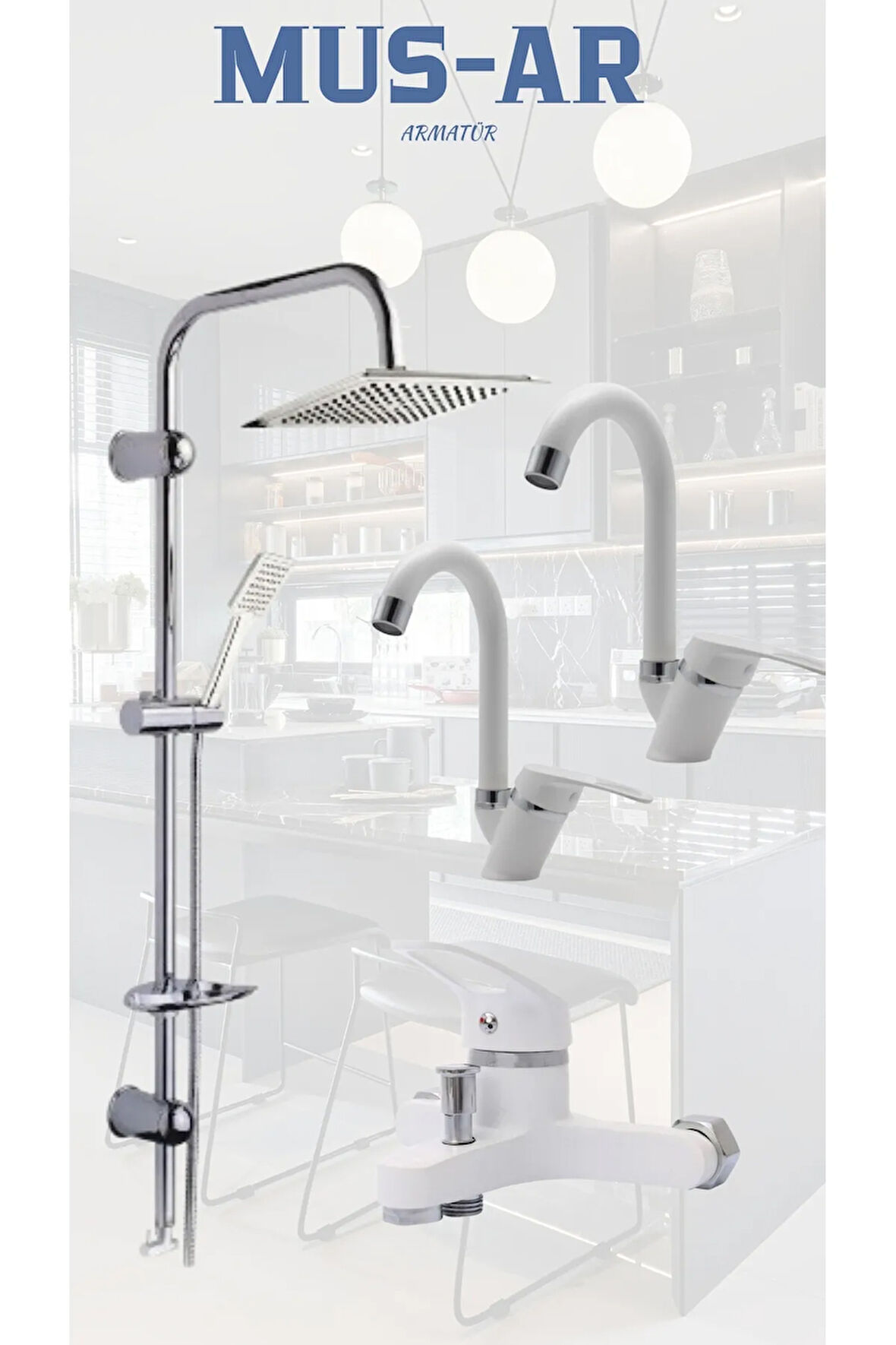 BEYAZ KROM ROBOT DUŞ SETİ LAVABO BANYO MUTFAK BATARYASI MUSLUĞU 4'LÜ SET