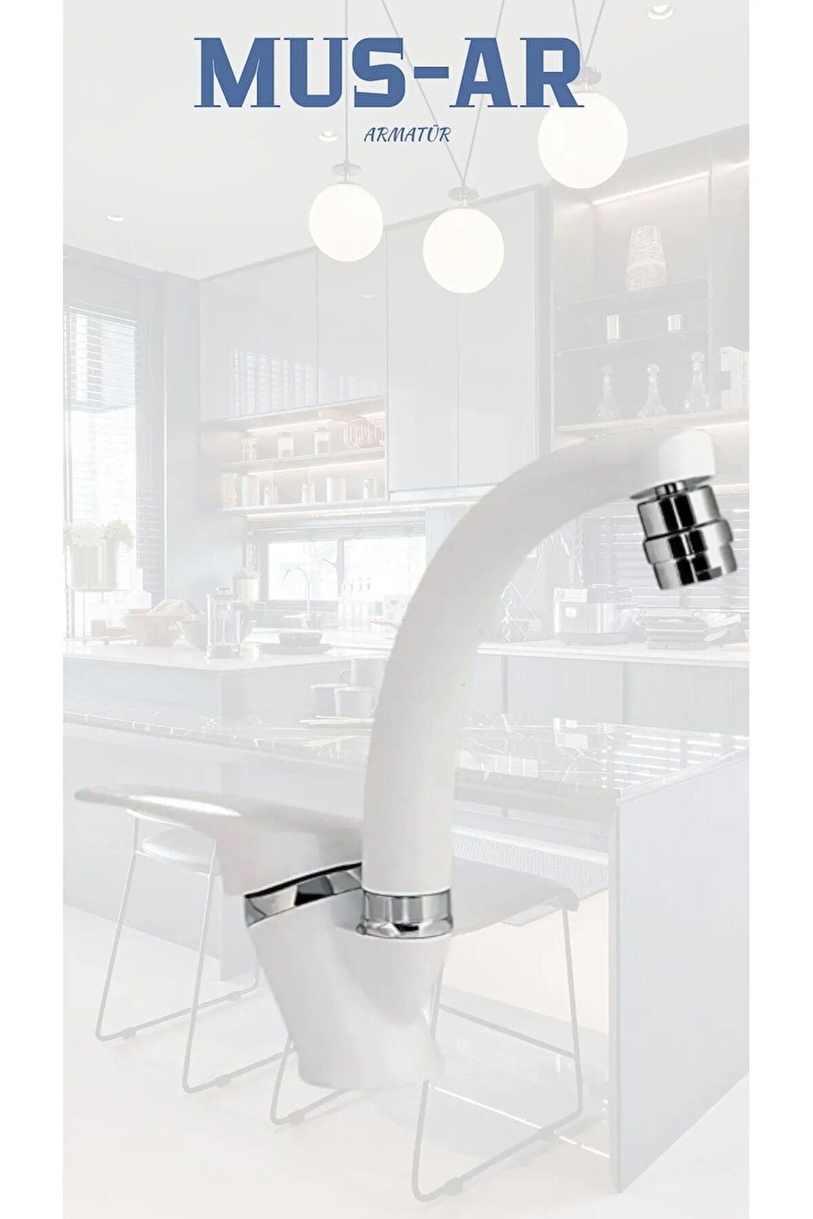 Beyaz Krom Oynar Başlıklı Çift Su Girişli Lavabo Bataryası