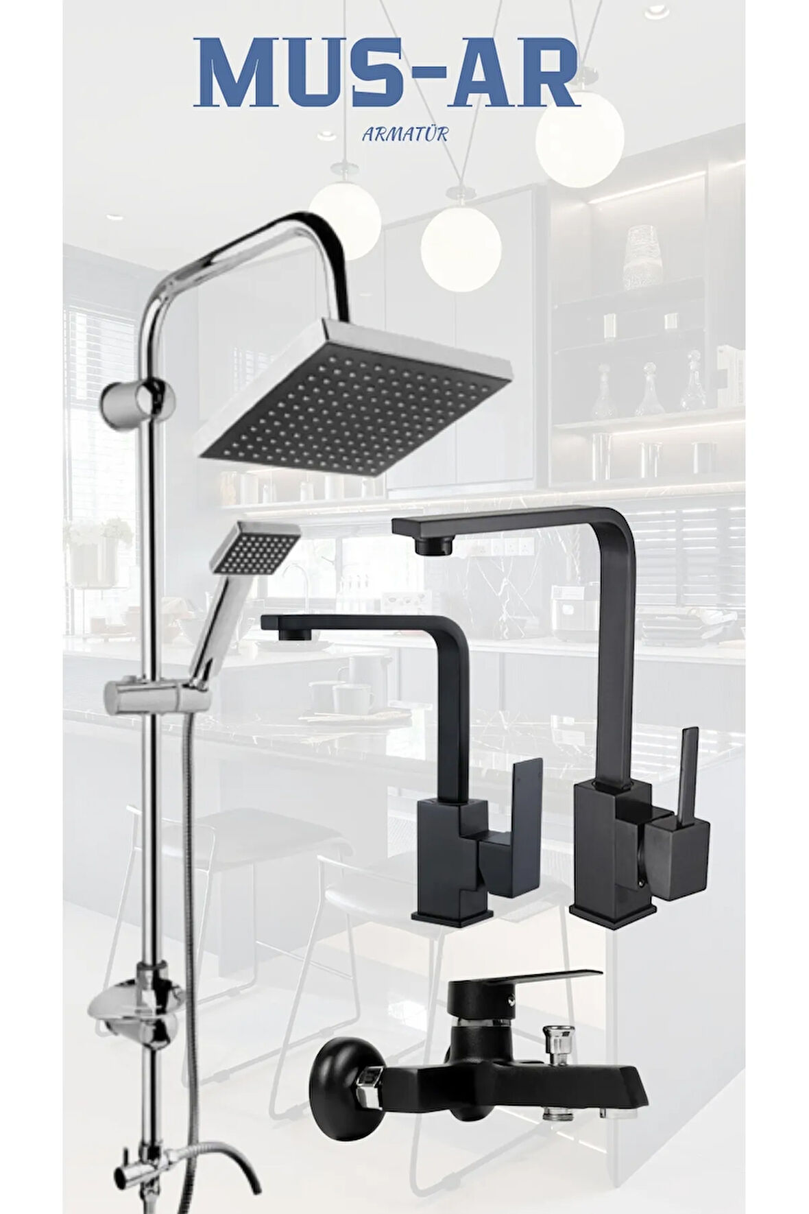 SİYAH KROM ROBOT DUŞ SETİ KARE MUTFAK LAVOBO BANYO BATARYASI 4'LÜ SET