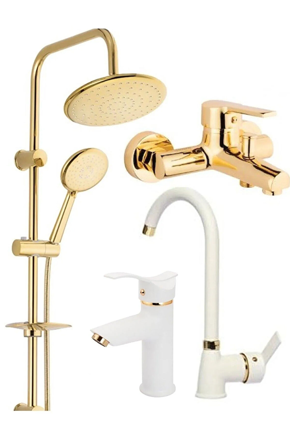 Gold Robot Duş, Banyo, Beyaz Gold Kartal Lavabo, Mutfak Bataryası Musluğu Çeşmesi 4'lü Set