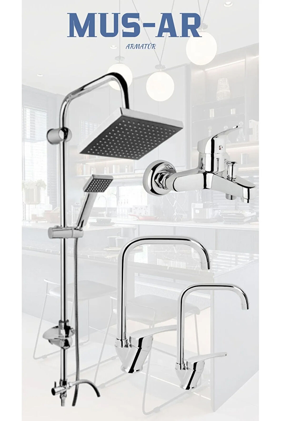 Krom Robot- - Banyo - Eviye - Lavabo Bataryası 4'lü Set