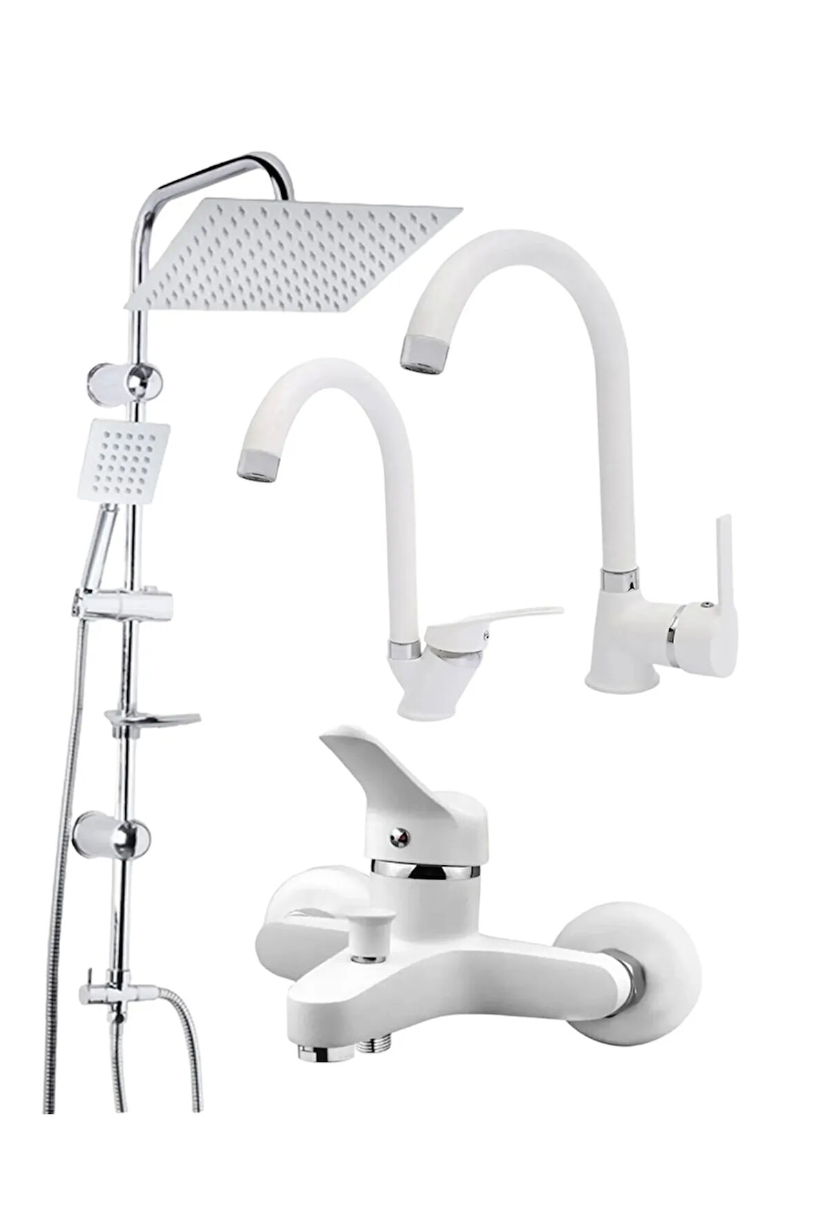 BEYAZ KROM ROBOT DUŞ SETİ LAVABO BANYO MUTFAK BATARYASI MUSLUĞU 4'LÜ SET