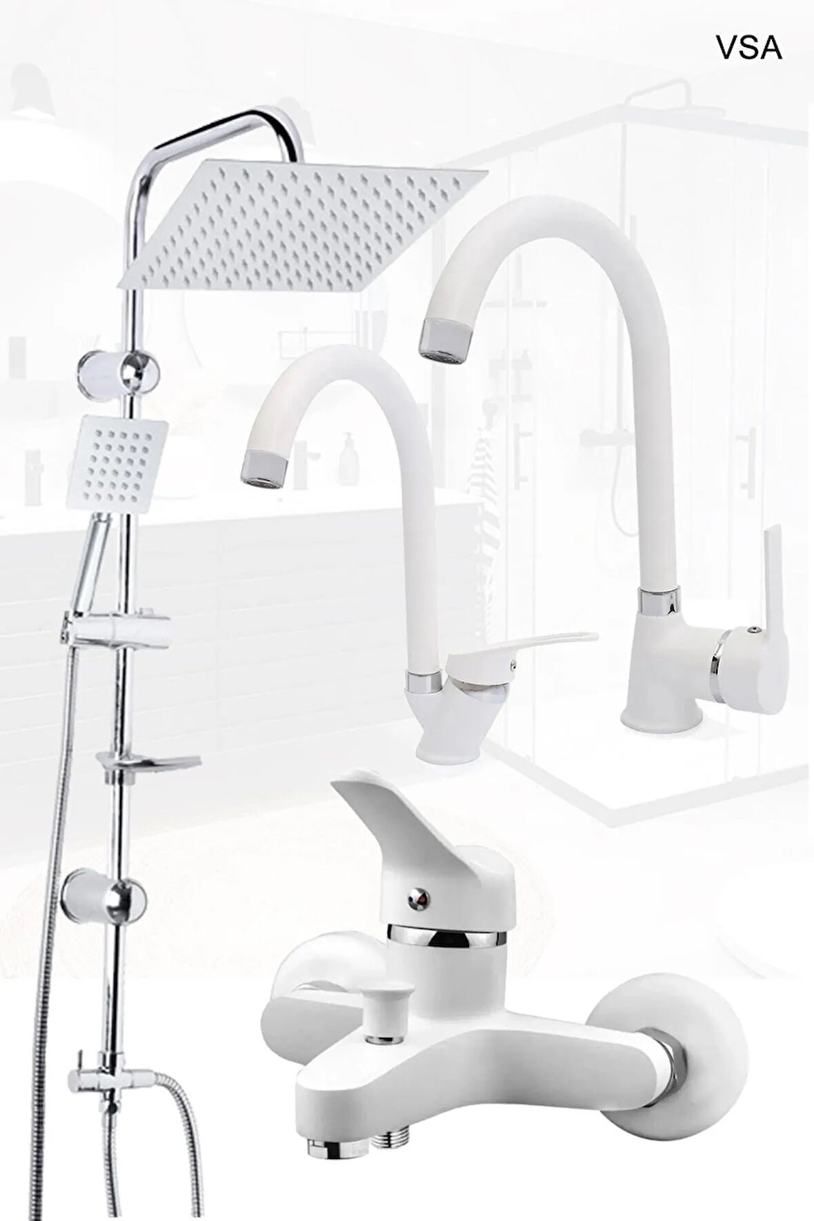 Beyaz Robot Yağmurlama Duş Seti Banyo Mutfak Lavabo Bataryası Pirinç Musluk Seti