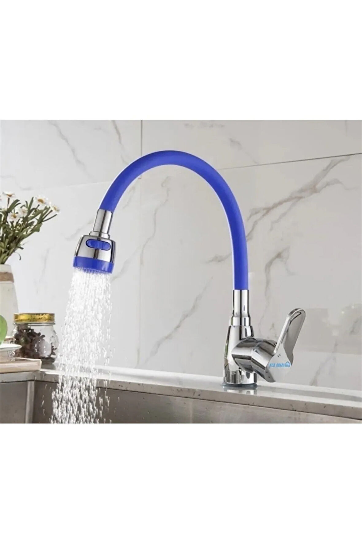 Mavi 2 Fonksiyonlu Oynar Borulu Mutfak Eviye Bataryası Musluğu