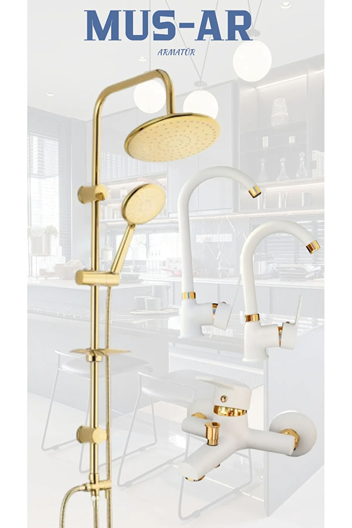 Gold Robot Duş Seti, Beyaz Gold Banyo, Lavabo, Mutfak Bataryası 4'lü Set