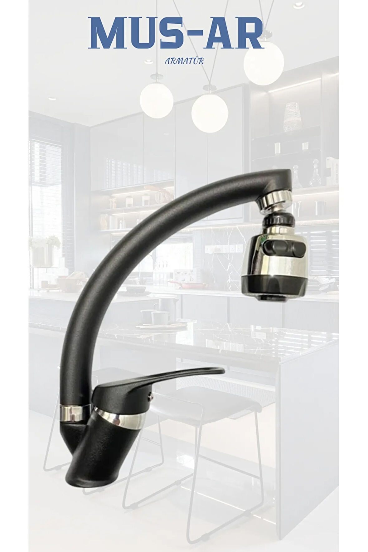 3 Fonksiyonlu Siyah Krom Mutfak Bataryası