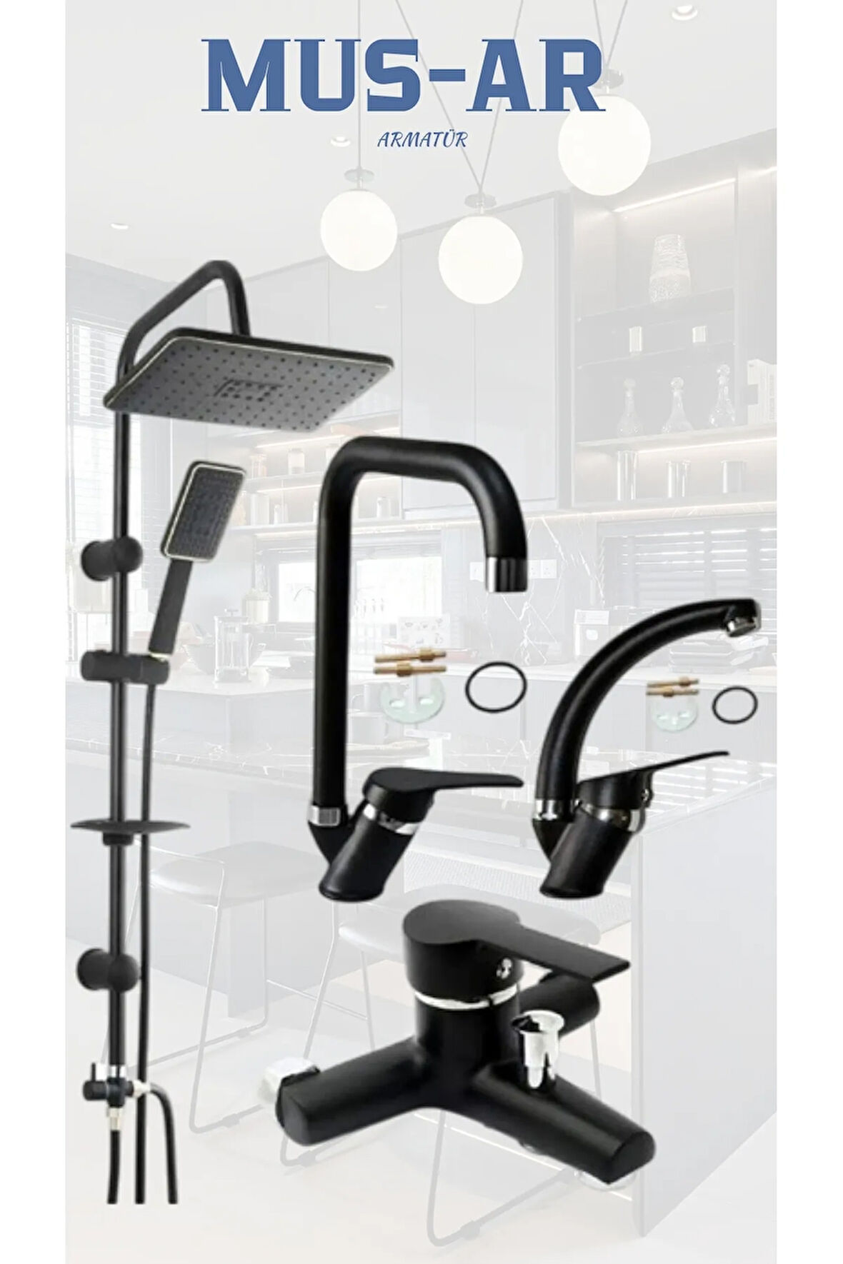 Siyah Robot Tepe Yağmurlama Banyo- Mutfak- Lavabo Bataryası 4'lü Set