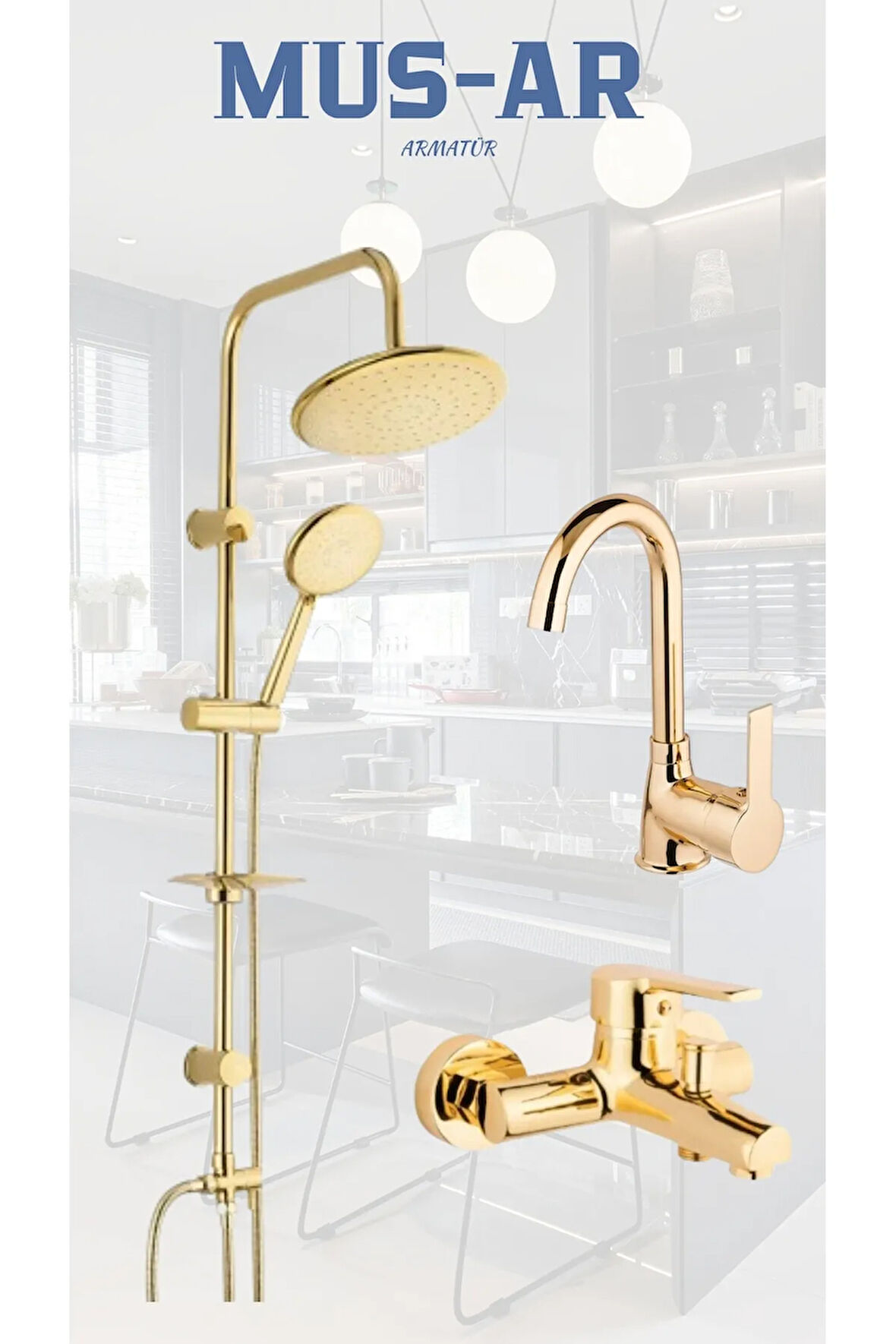 Gold Yuvarlak Robot - Banyo - Lavabo Bataryası 3'lü Set