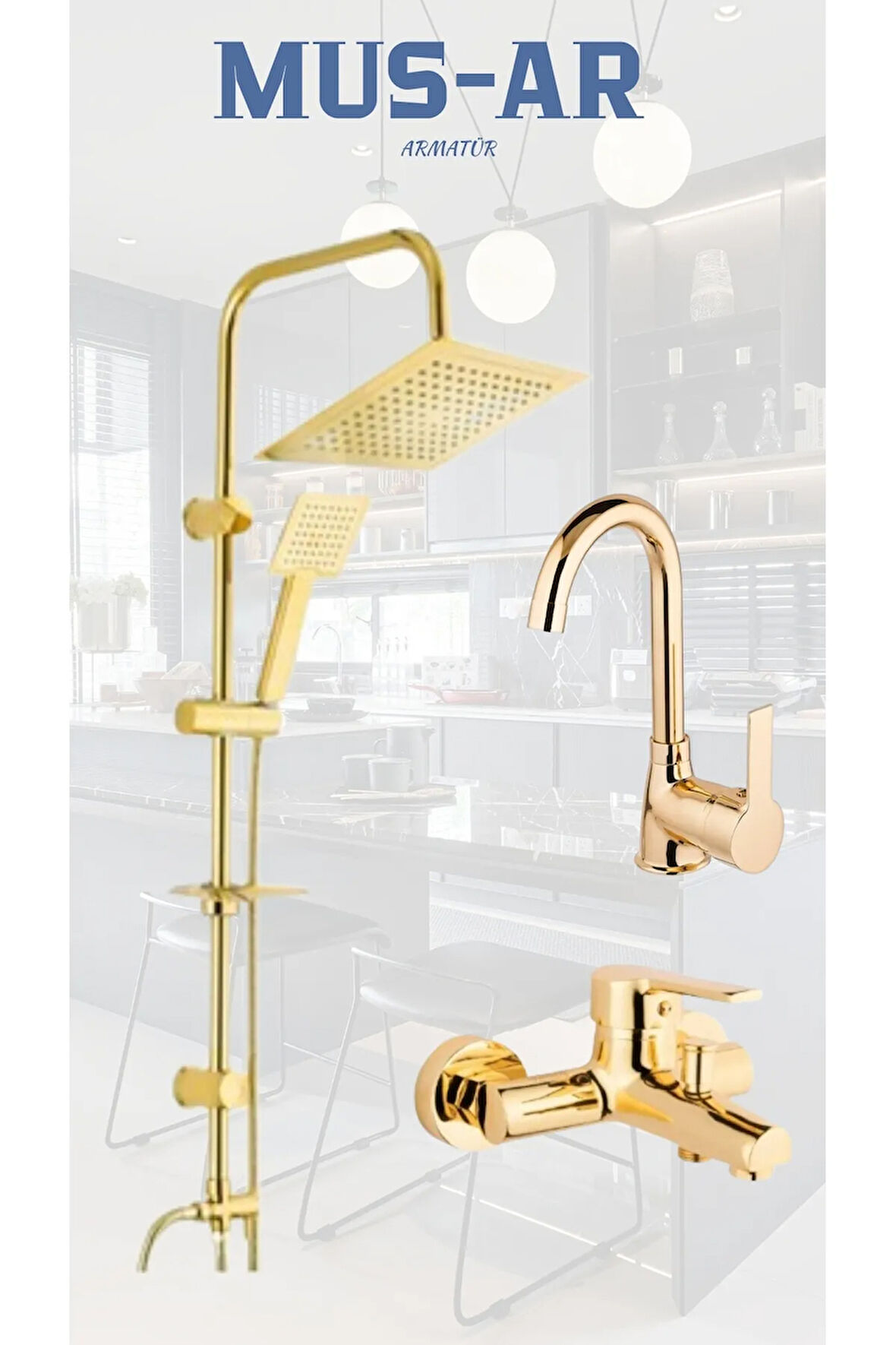 Gold Kare Robot - Banyo - Lavabo Bataryası 3'lü Set