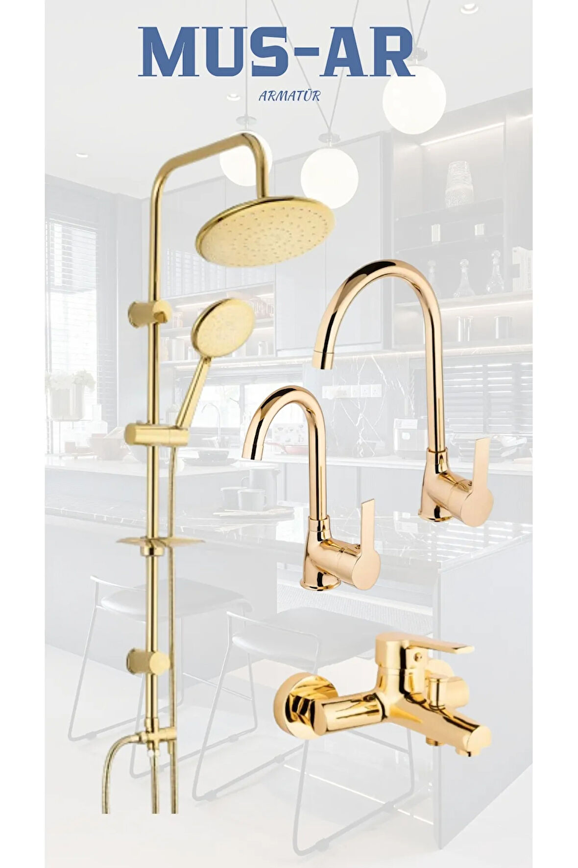 Gold Yuvarlak Robot Duş Seti - Banyo- Eviye Lavabo Bataryası Musluğu 4'lü Set