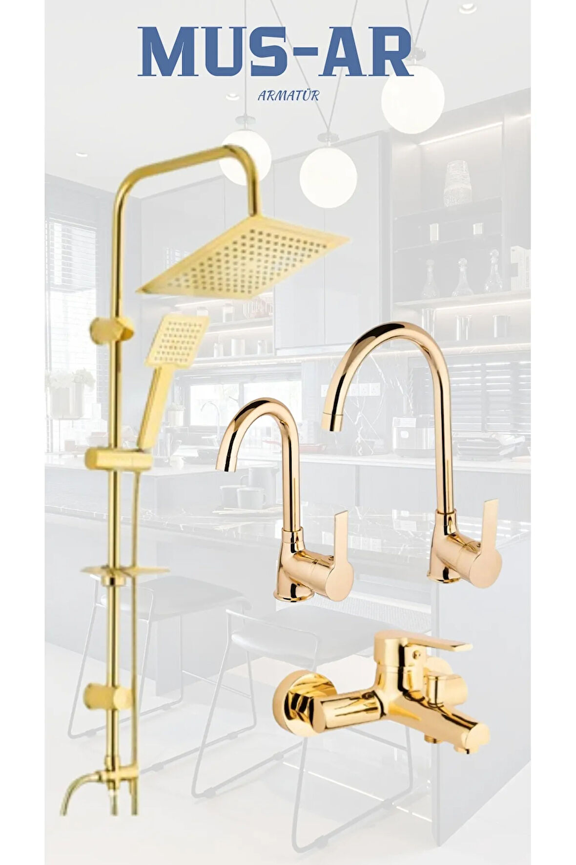 Gold Kare Robot Duş Seti - Banyo- Eviye Lavabo Bataryası Musluğu 4'lü Set