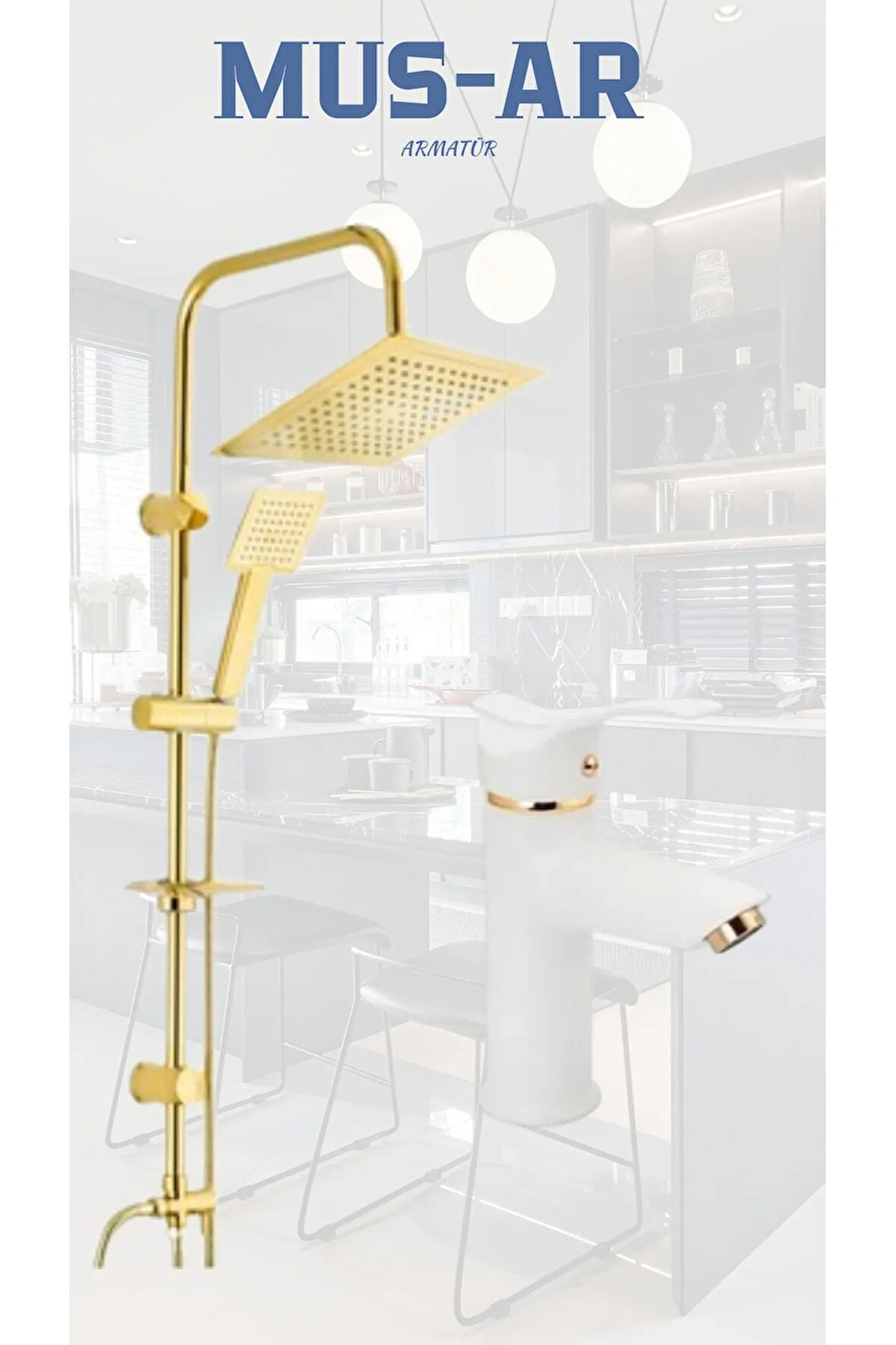 Gold Kare Duş Robotu - Kartal Sabit Lavabo Bataryası Set