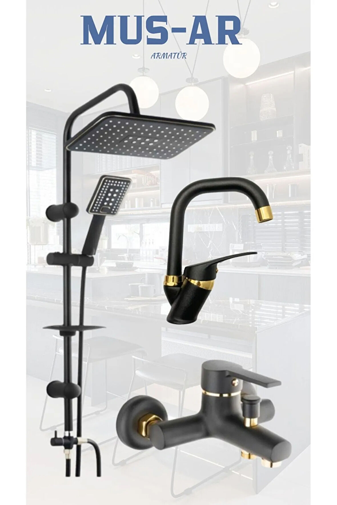 Siyah Robot- Siyah Gold Banyo Bataryası- Siyah Gold Lavabo Bataryası 3 'lü Set