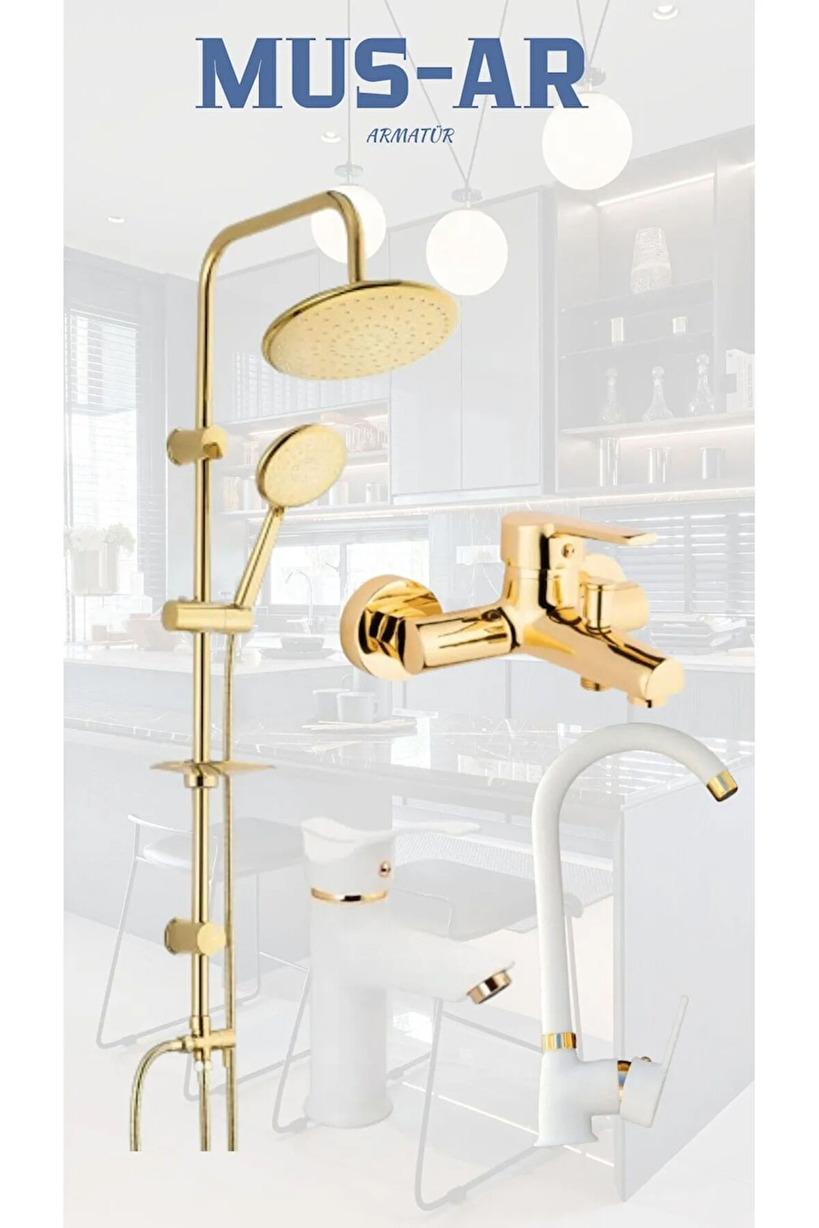 Gold Robot Duş, Banyo, Beyaz Gold Kartal Lavabo, Mutfak Bataryası Musluğu Çeşmesi 4'lü Set