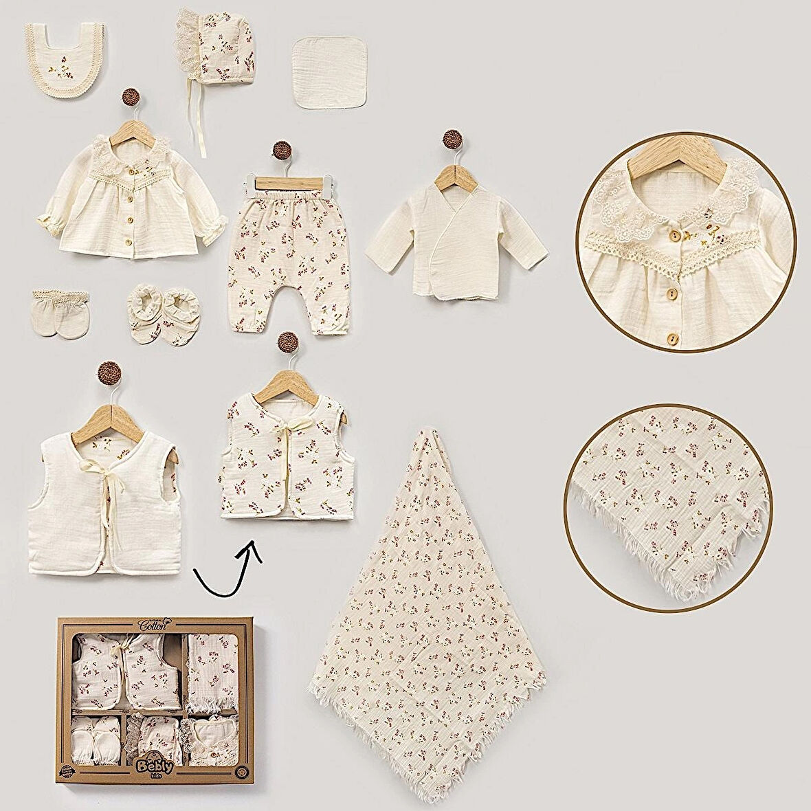 KIZ BEBEK MÜSLİN ÇİÇEK KABARTMALI SET 0-3 AY