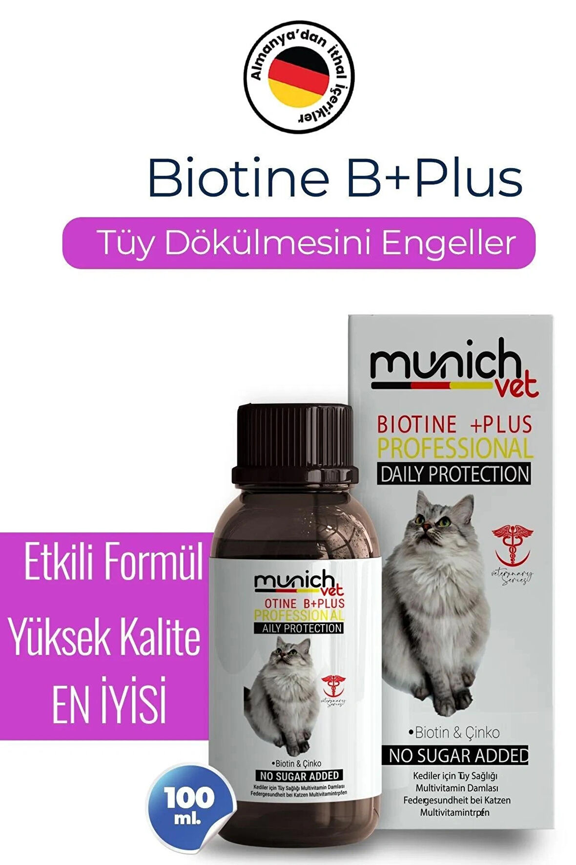 Munich Vet Biotine Plus Kedi Tüy Damlası (100 ml) (KEDİLERİN TÜY DÖKÜLMESİNİ ENGELLER)