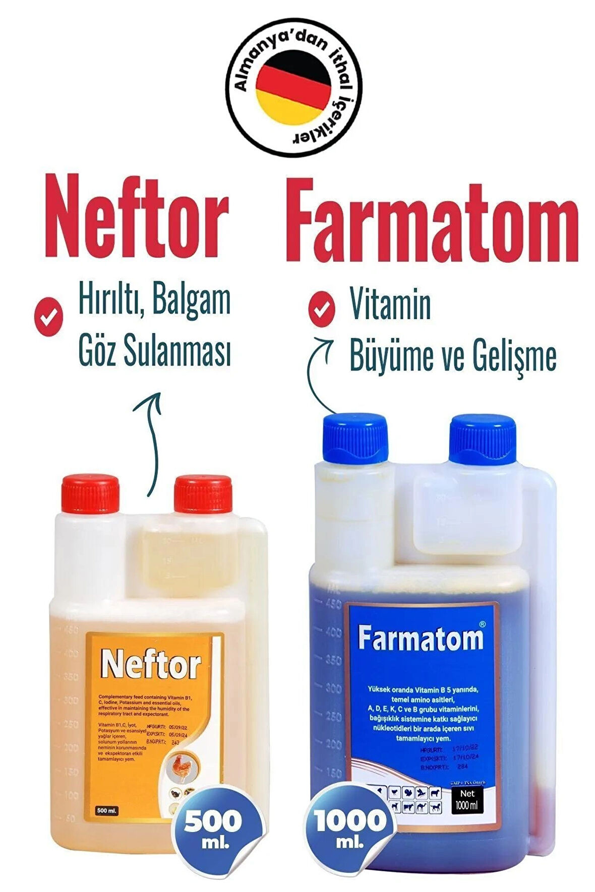 Munich Vet 2'li Set Kuşlar Için Farmatom Vitamin (1 LT) Neftor Hırıltı (500 ml)