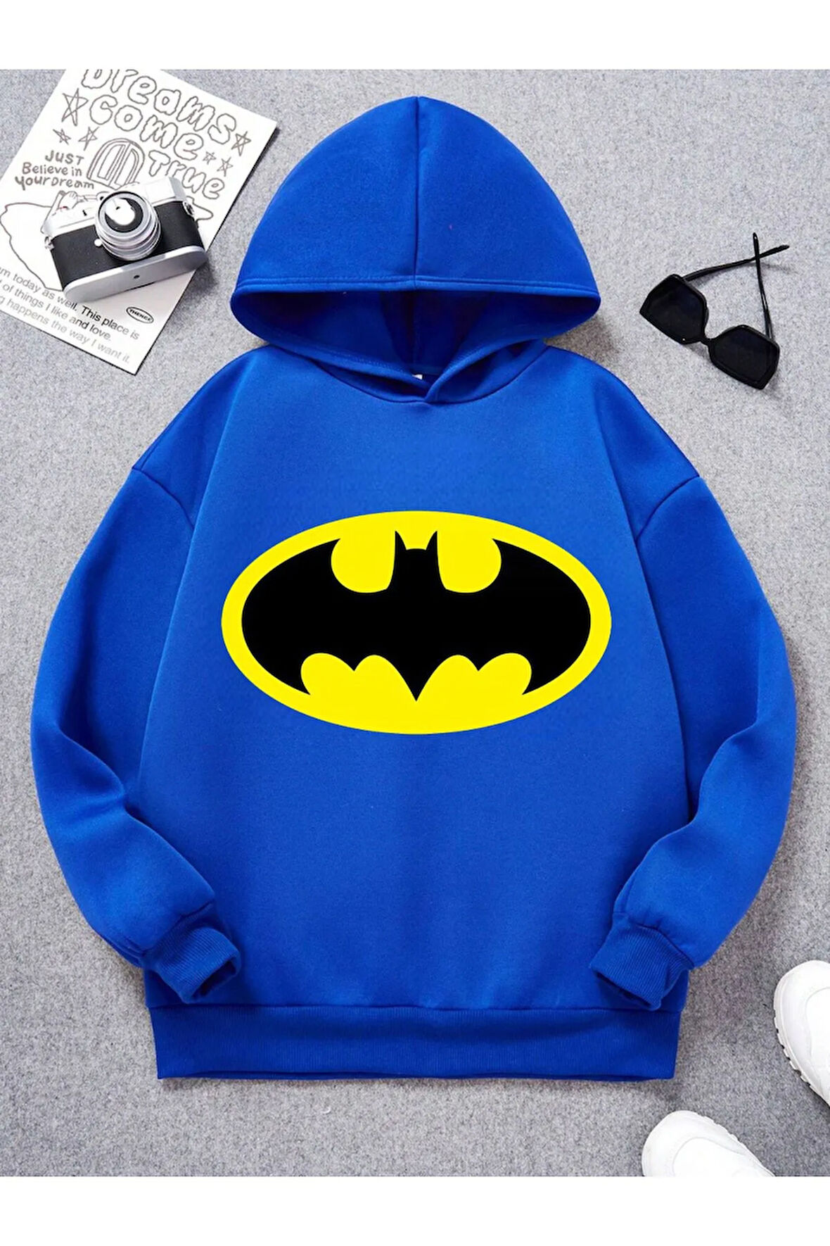 Pamuklu Erkek Çocuk Kapüşonlu Sweatshirt İki İplik Şardonlu Batman Logo Baskılı