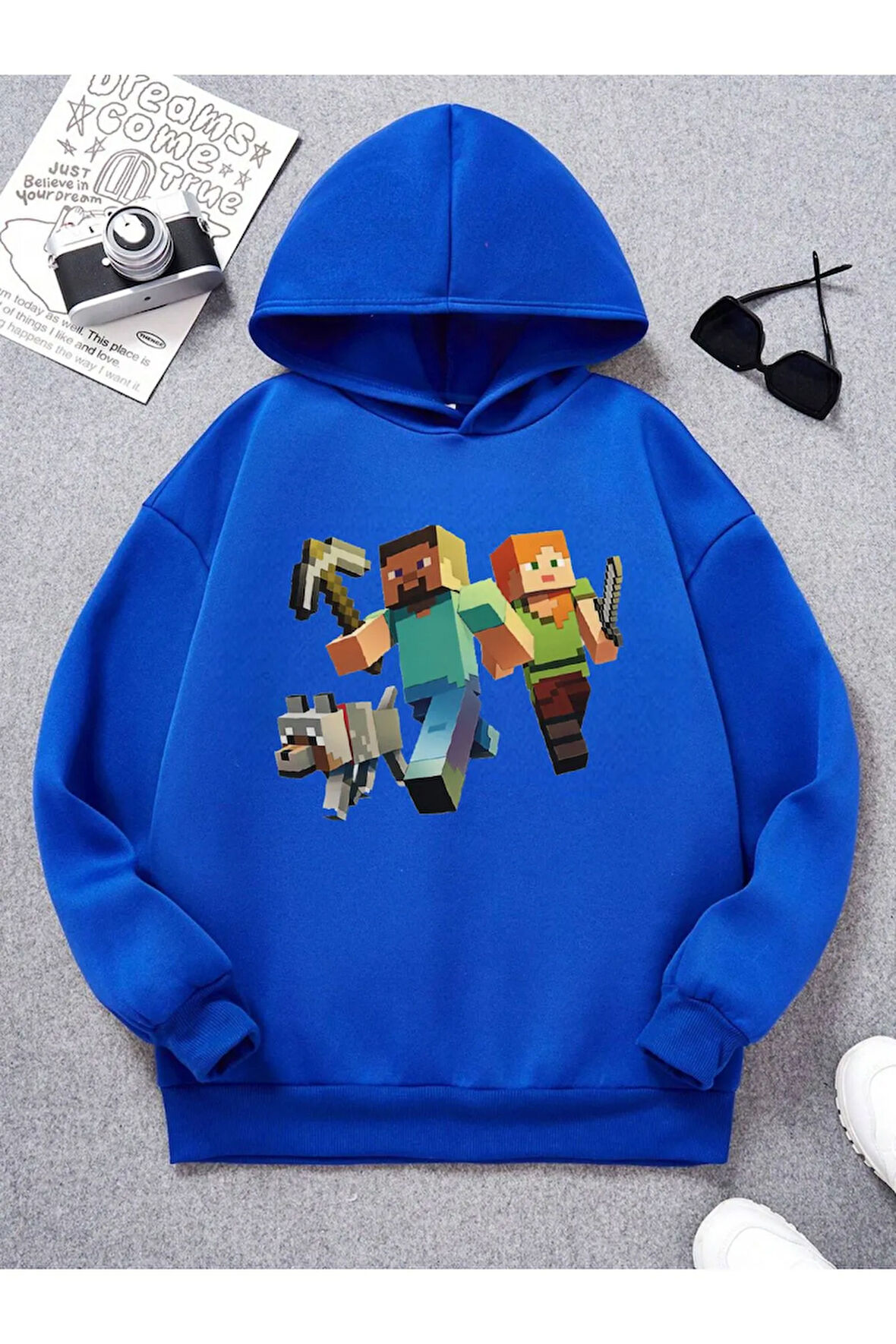 Pamuklu Minecraft Baskılı Erkek Çocuk Kapüşonlu Sweatshirt İki İplik Şardonlu