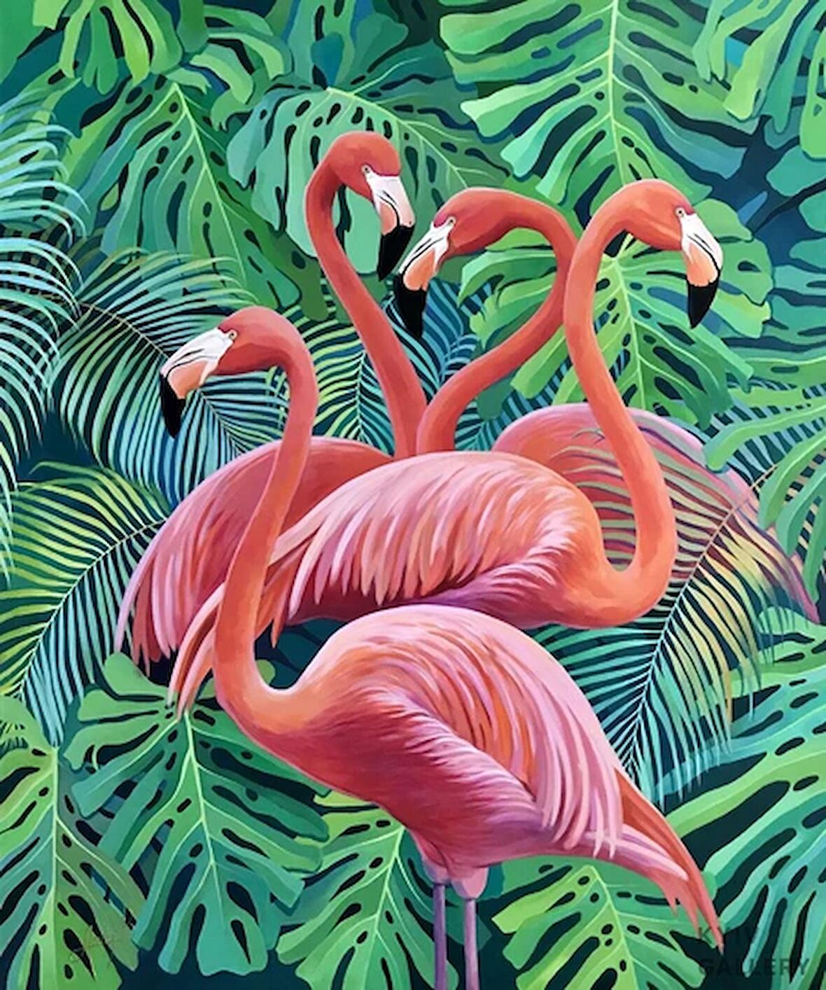 Movas Sanat  Yeşilliklerin Önünde'ki Flamingo Topluluğu / Mozaik Puzzle 45X55cm-E20234260