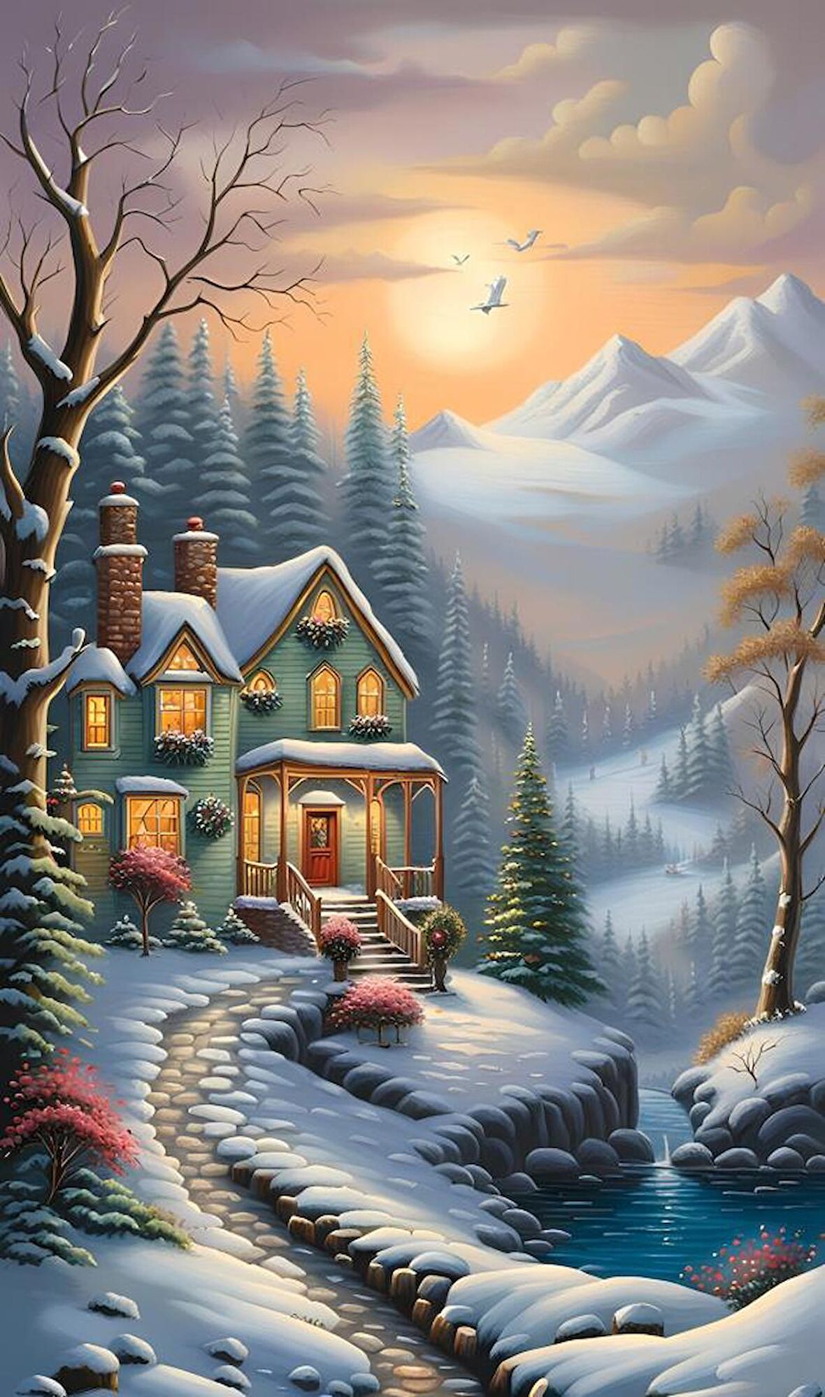 Movas Sanat "Manzaralı Noel Evi" | Yılbaşı, Yeni Yıl, Noel | 40 X 70 Cm | YB20203991